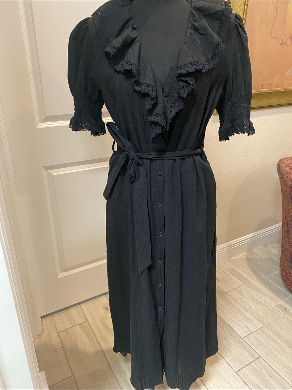 O.P.T black ruffle Button-Front Midi Dress with Self-Tie Waist